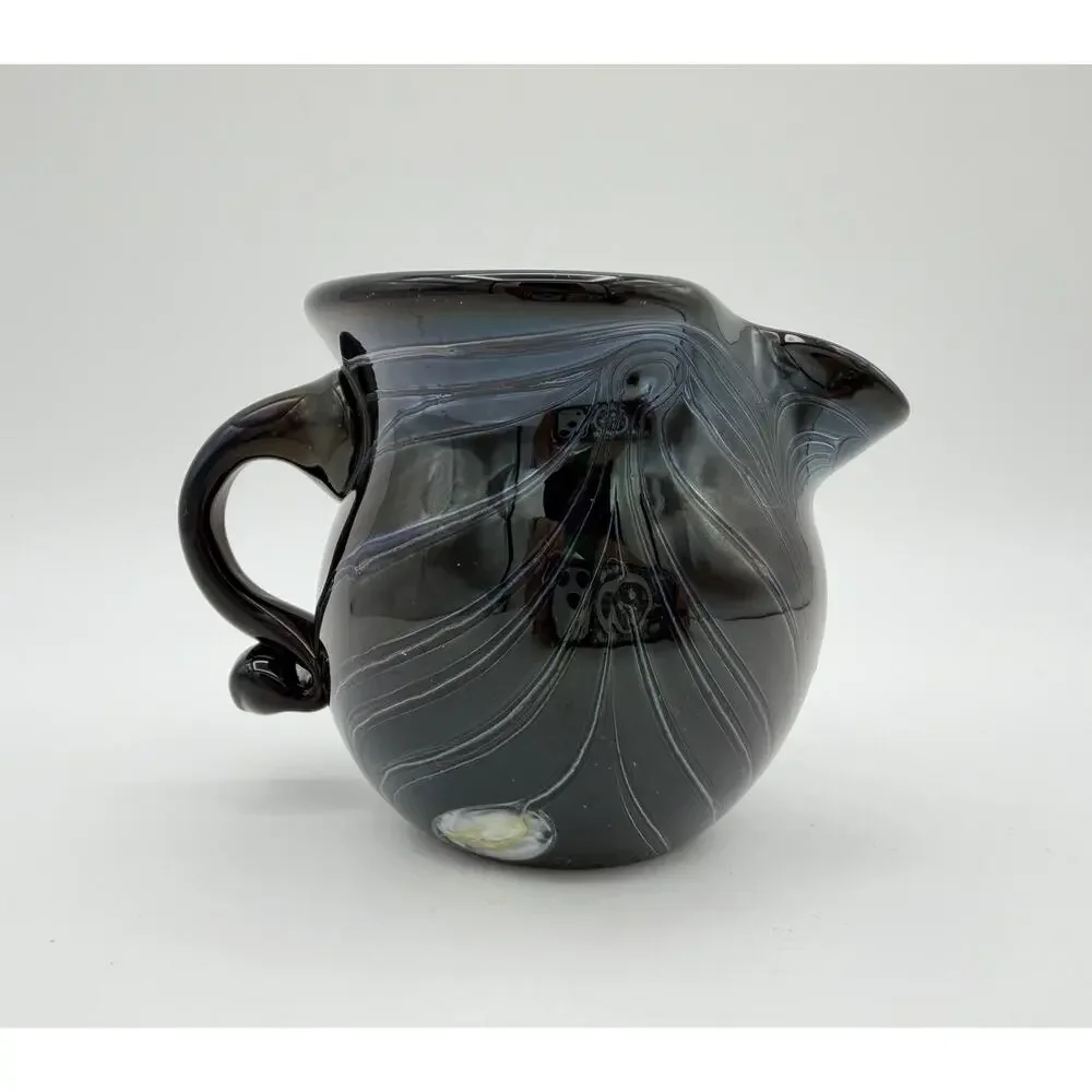 Hand Blown Black Glass Creamer Pitcher 3” Pulled Feather Design Signed Dated ‘72